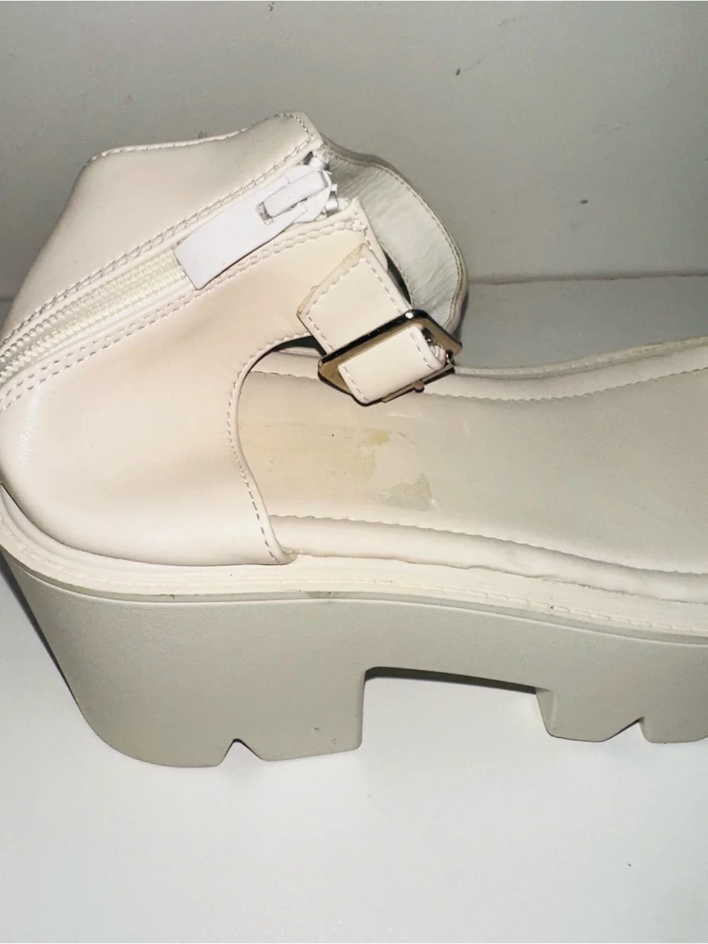 Women White Chunky Platform Lug Sole Sandals Ankle Strap Zipper Block Heel Sz:10